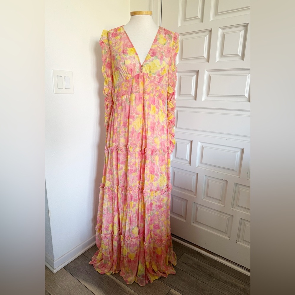 NWT byTimo Chiffon Sunrise Floral Maxi Dress V-Neck Pink Orange Yellow Large